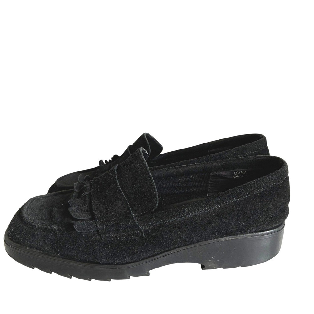 Urban Works Black Suede Loafer Shoes Fringe Leather Chunky Sole Indie Womens 8.5